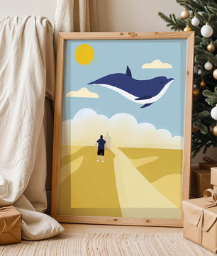 Surreal Landscape with Flying Blue Whale and Human on Desert Path