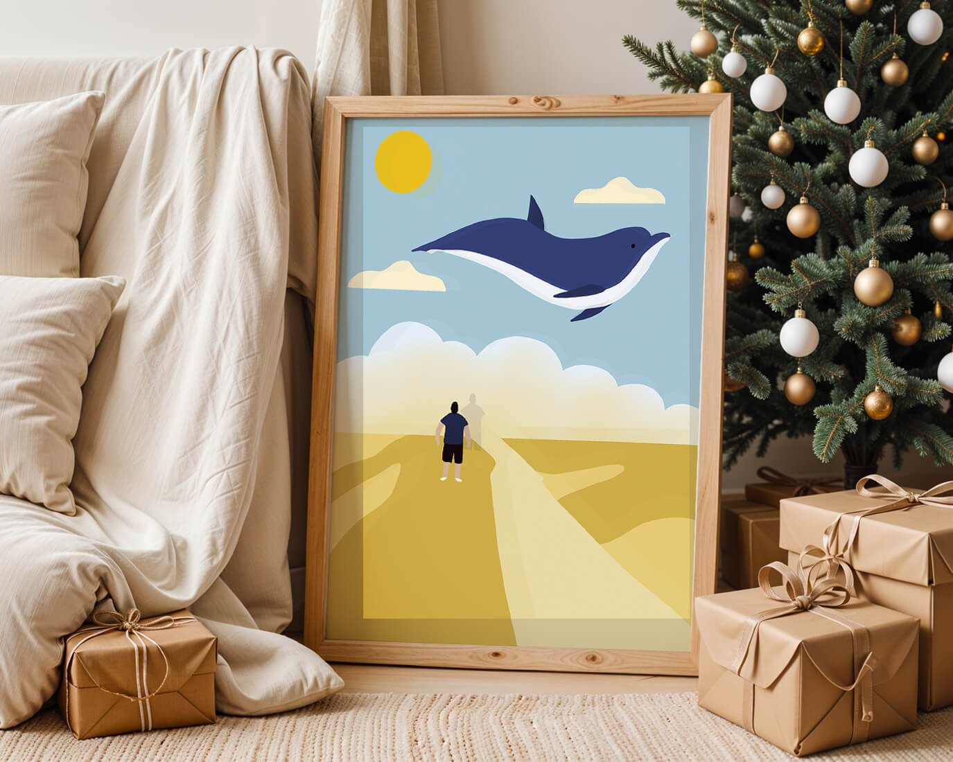 Paisaje surrealista con ballena azul voladora y humano en camino desértico