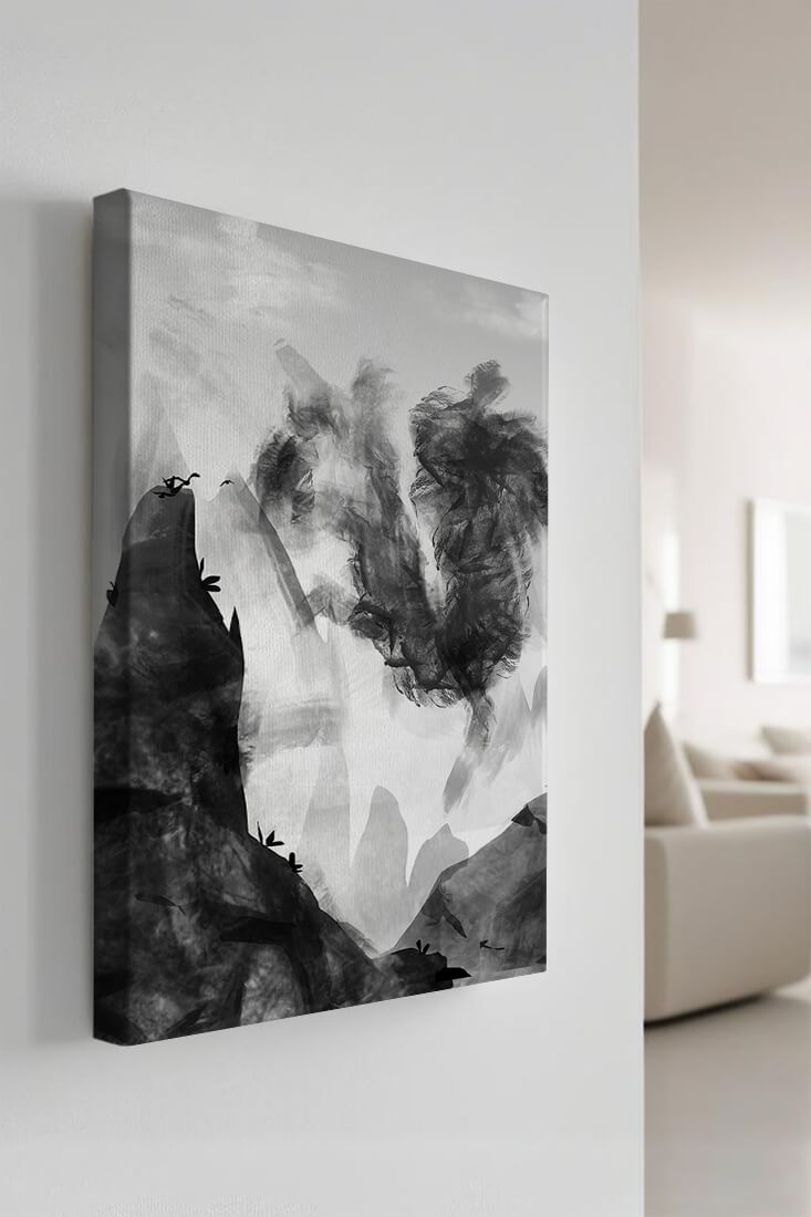 Paisaje monocromático con montañas y nubes abstractas
