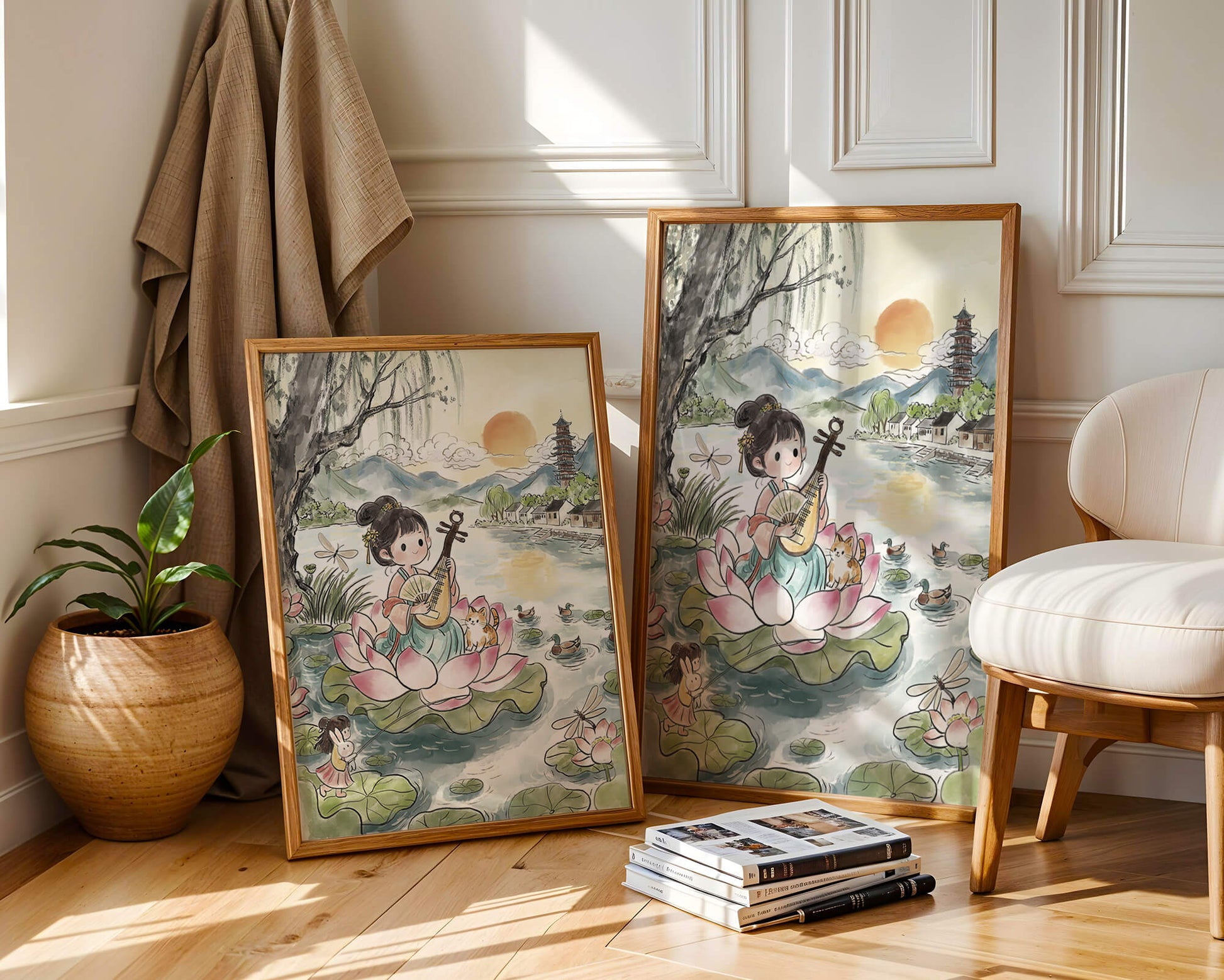 Traditional Asian Scenery with Girl Playing Instrument on Lotus Pond at Sunset