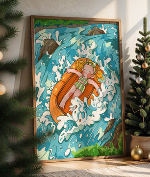 Adventurous raft ride down a vibrant cartoon river with character