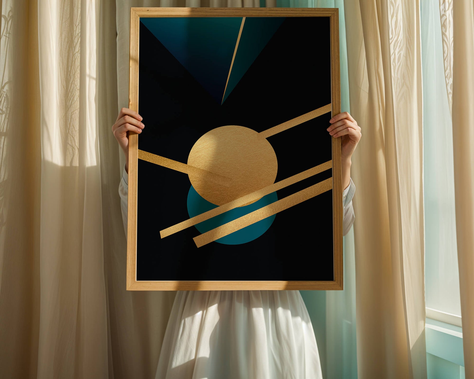 Abstract Geometric Composition with Gold and Blue Elements