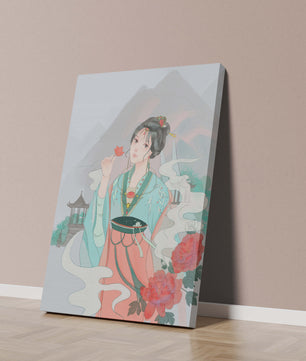 Elegant Asian woman with flowers and mountain background