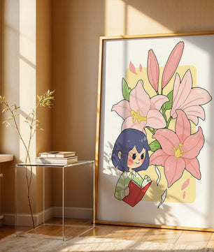 Illustration d'une fille lisant avec de grands lys roses en arrière-plan