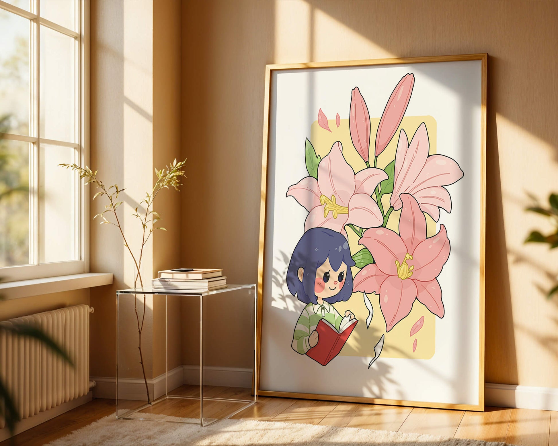 Illustration of a girl reading with large pink lilies in the background