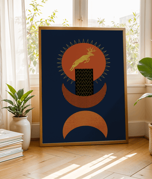 Golden deer on geometric abstract background – modern wall art in deep blue and burnt orange tones - Mi tienda