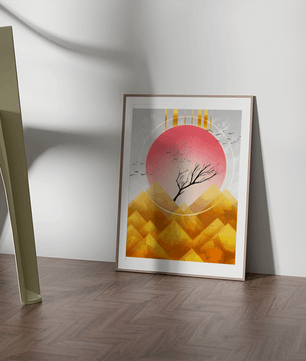 Golden sunrise over geometric mountains with a lone tree and flying birds - Mi tienda