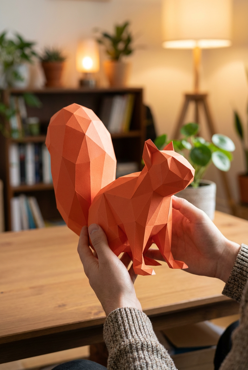 Ardilla Poligonal 3D de Papel para Montar 27x32x10– Kit Decorativo PaperCraft DIY, Escultura Moderna de Cartón, Decoración Geométrica para el Hogar