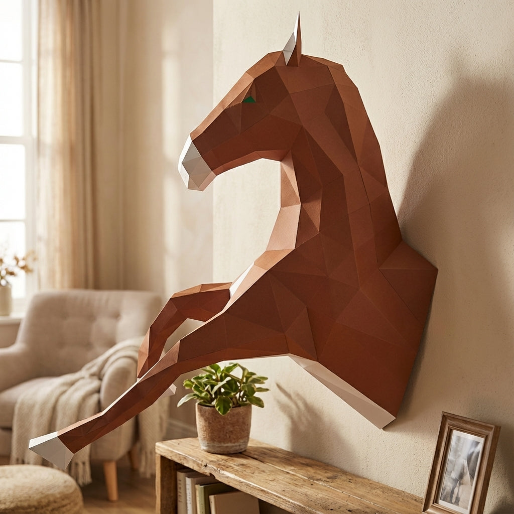 Cabeza de caballo para colgar en la pared papercraft 3D, escultura de papel poligonal DIY, 51x16x35 cm, 59 piezas – Decoración de pared geométrica, kit de montaje, trofeo de caballo decorativo para dormitorio juvenil