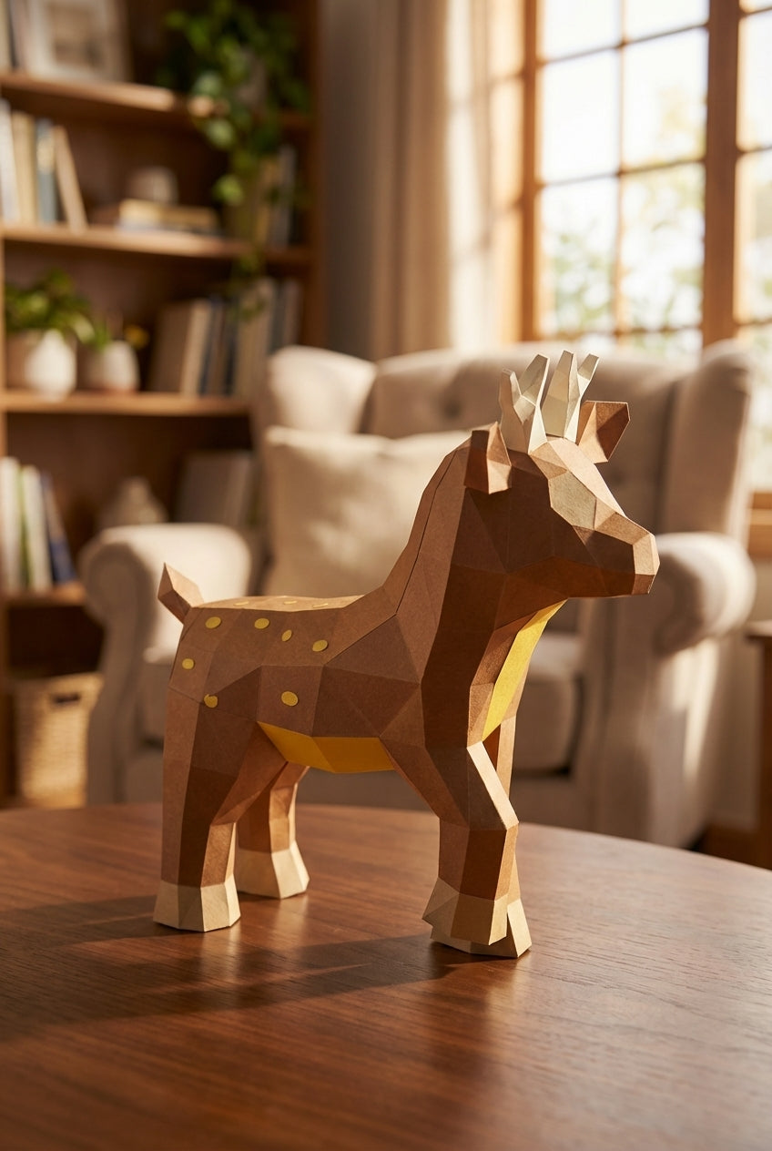 Ciervo pequeño 3D, figura de papel poligonal para ensamblar 42x32x11 – Manualidad DIY, ciervo de cartón escultórico para decoración de pared moderna