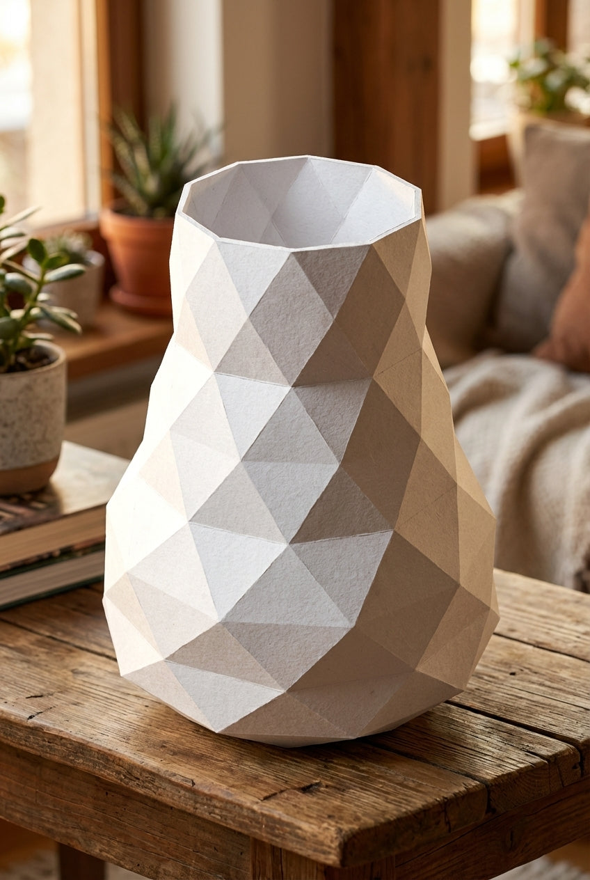 Jarrón de papel decorativo 3D 21 x 16 x 17 – recipiente poligonal para ensamblar, manualidad DIY, papel de 180 g, decoración moderna para el hogar