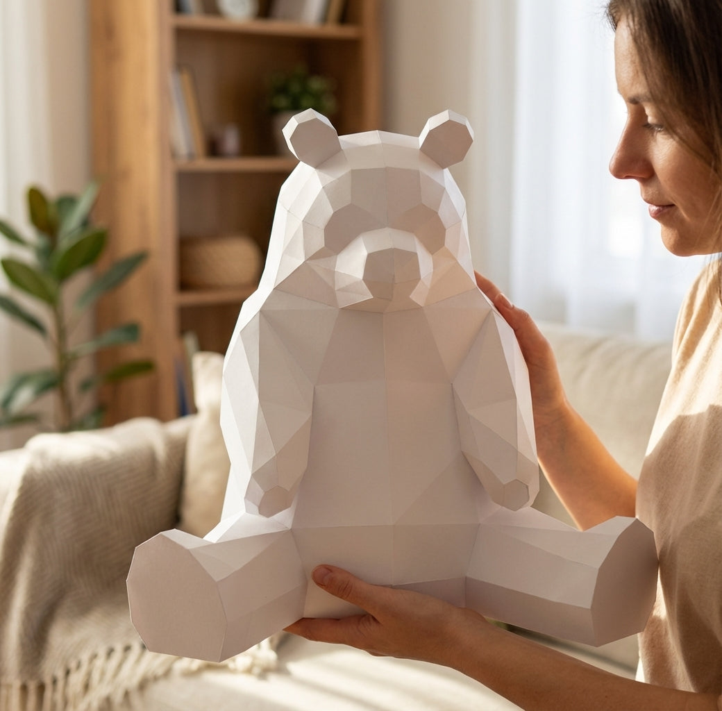 Polygonal panda papercraft, 3d geometric sculpture, 61-piece diy paper kit, 32x35x35 cm, modern handmade decor for home or office - Mi tienda