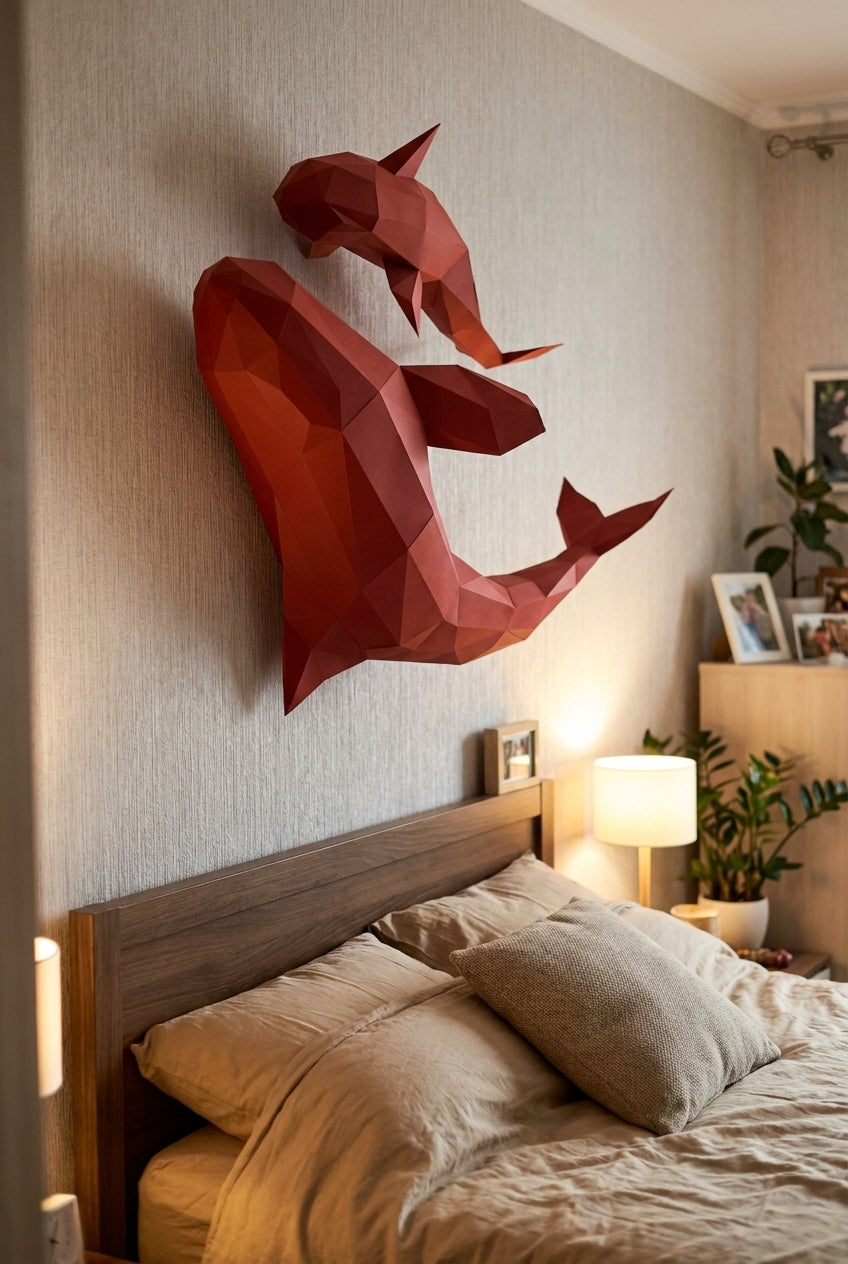 Figura de orcas de papel poligonal 3D para ensamblar 60 x 50 x 20 – kit de manualidades de papercraft decorativo, escultura geométrica moderna para pared sobre la cama