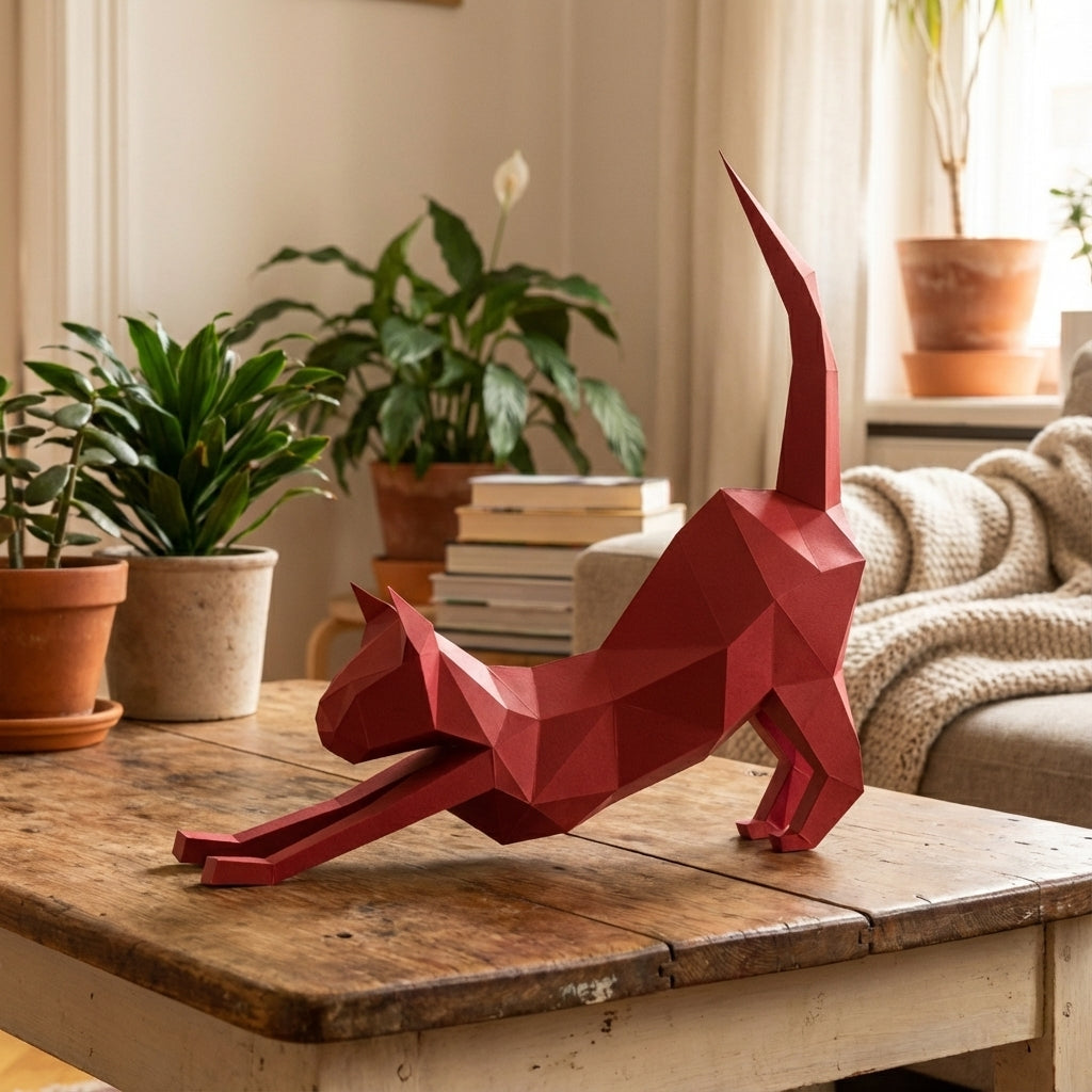Discover our stretching cat 3D papercraft kit — a creative paper project for mindful breaks and modern home accents. This hand-assembled polygonal feline adds a quirky touch to your office - Mi tienda