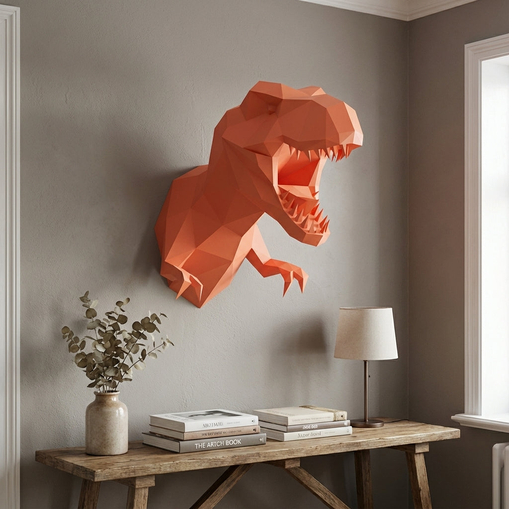 3D Papercraft Green T-Rex Wall Trophy 50cm DIY Low Poly Dinosaur Head Model – Geometric Paper Sculpture Wall Decor for Living Room - Mi tienda