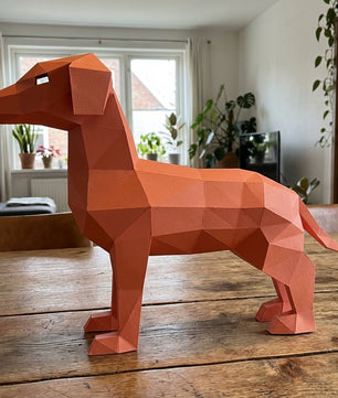Cute ginger dog 3D papercraft polygonal paper figure for assembly, 50x37x18 cm, 65 parts – DIY craft, sculptural cardboard dog, geometric decor for entryway