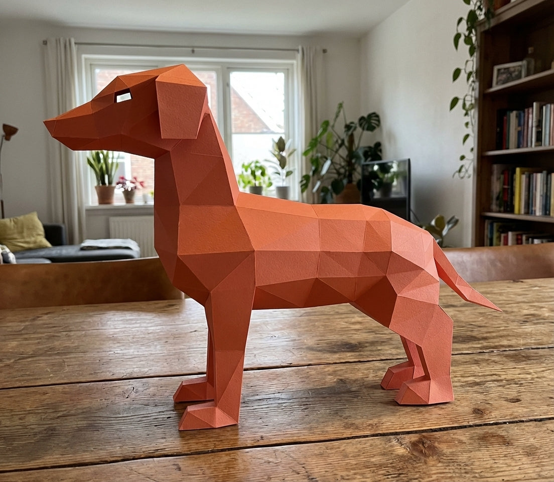 Cute ginger dog 3D papercraft polygonal paper figure for assembly, 50x37x18 cm, 65 parts – DIY craft, sculptural cardboard dog, geometric decor for entryway