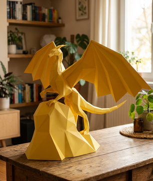 3D polygonal paper dragon figure to assemble on a rock 43x60x36 – DIY papercraft decorative kit, modern geometric sculpture for table or shelf - Mi tienda