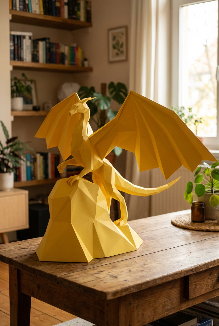 3D polygonal paper dragon figure to assemble on a rock 43x60x36 – DIY papercraft decorative kit, modern geometric sculpture for table or shelf - Mi tienda