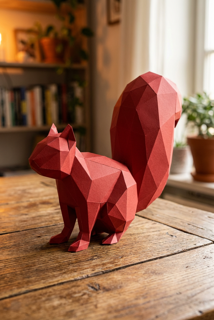 Ardilla Poligonal 3D de Papel para Montar 27x32x10– Kit Decorativo PaperCraft DIY, Escultura Moderna de Cartón, Decoración Geométrica para el Hogar