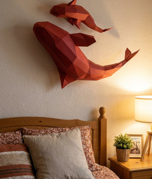Figura de orcas de papel poligonal 3D para ensamblar 60 x 50 x 20 – kit de manualidades de papercraft decorativo, escultura geométrica moderna para pared sobre la cama