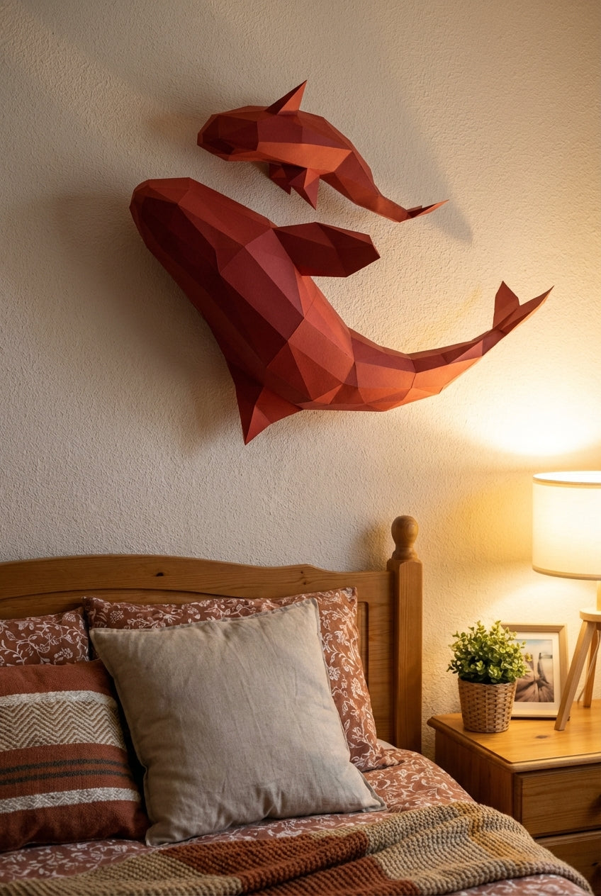 Figura de orcas de papel poligonal 3D para ensamblar 60 x 50 x 20 – kit de manualidades de papercraft decorativo, escultura geométrica moderna para pared sobre la cama