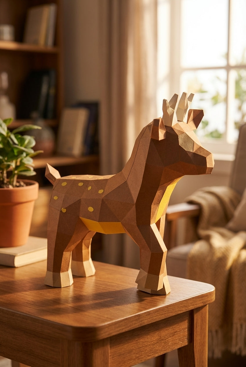 Ciervo pequeño 3D, figura de papel poligonal para ensamblar 42x32x11 – Manualidad DIY, ciervo de cartón escultórico para decoración de pared moderna