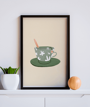 Illustration of a Green Floral Tea Cup with a Tea Bag and Spoon - Mi tienda