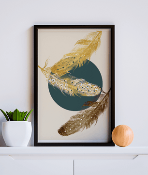 Artistic Composition of Intricate Feathers with Golden Elements and Geometric Contrast - Mi tienda