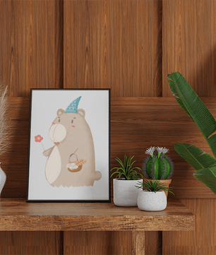 Cute bear illustration with flower and basket | nursery wall art | whimsical animal decor - Mi tienda