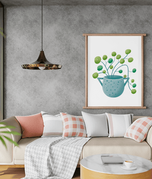 Ilustración minimalista de una planta pilea verde en una maceta de cerámica azul