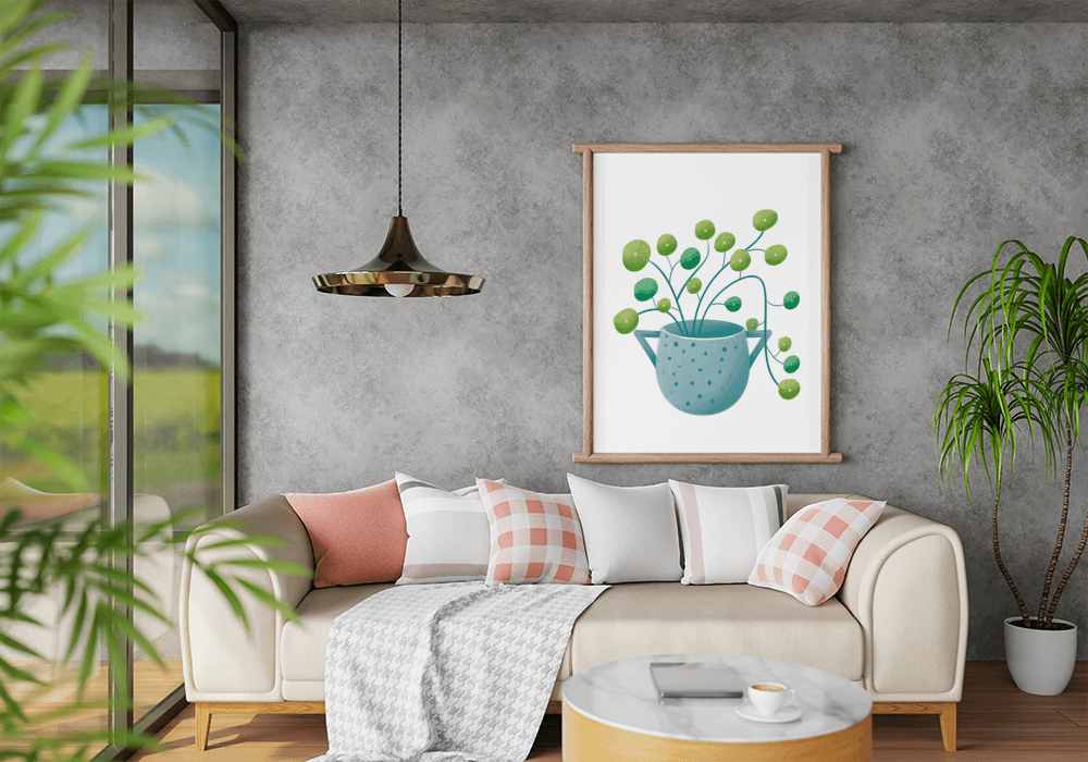 Ilustración minimalista de una planta pilea verde en una maceta de cerámica azul