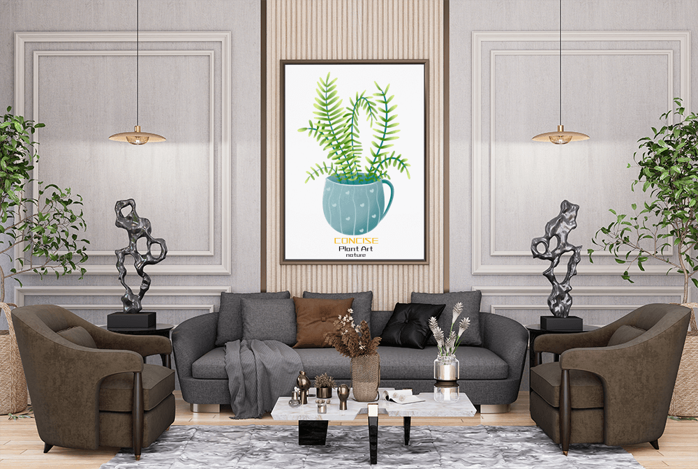 Illustration of a Plant in a Decorative Blue Pot with Green Leaves