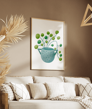 Ilustración minimalista de una planta pilea verde en una maceta de cerámica azul