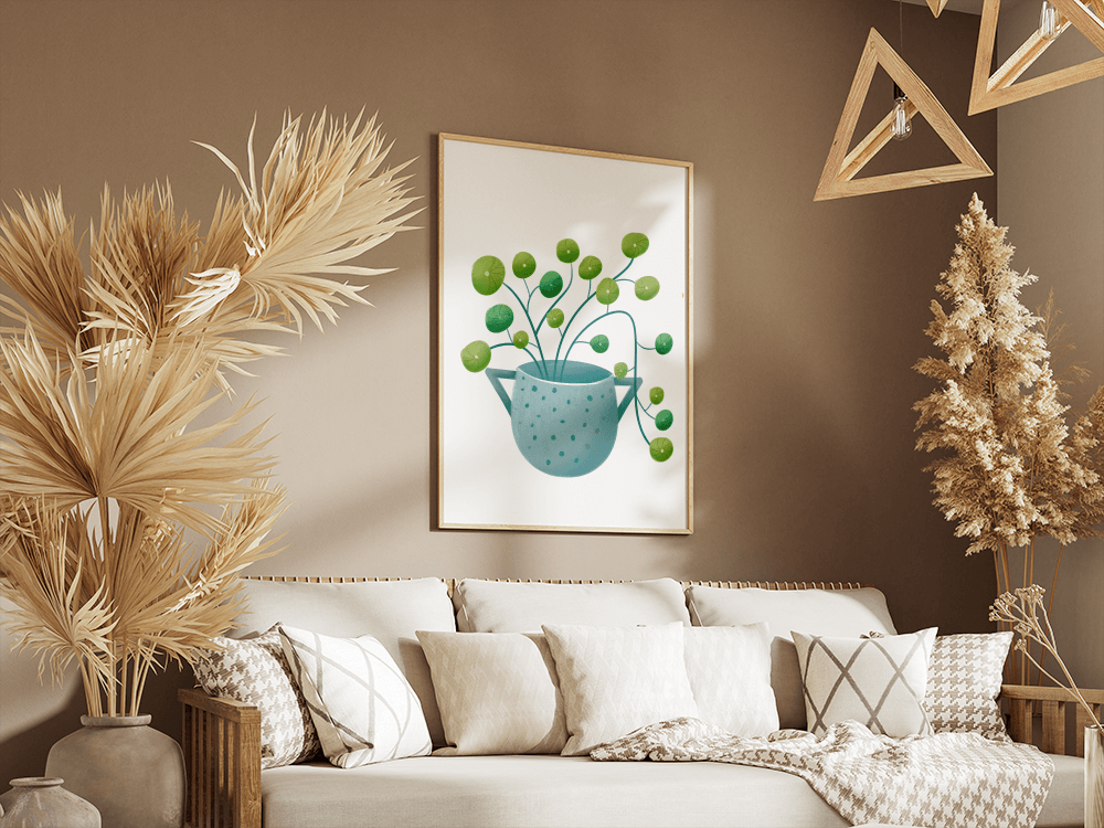 Ilustración minimalista de una planta pilea verde en una maceta de cerámica azul