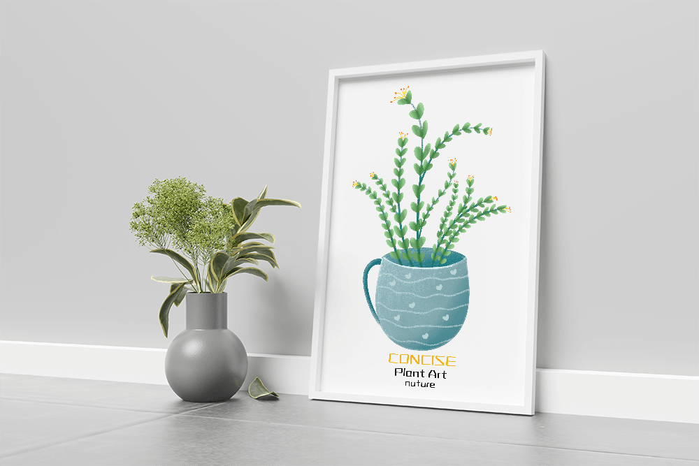 Ilustración de una planta verde en una taza decorativa azul