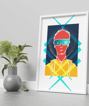 Cyberpunk warrior in geometric neon hues for modern decor - Mi tienda