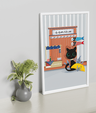 Black cat with Japanese storefront and koi fish flags – cozy and charming wall art - Mi tienda