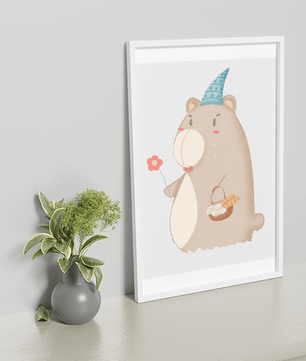 Cute bear illustration with flower and basket | nursery wall art | whimsical animal decor - Mi tienda