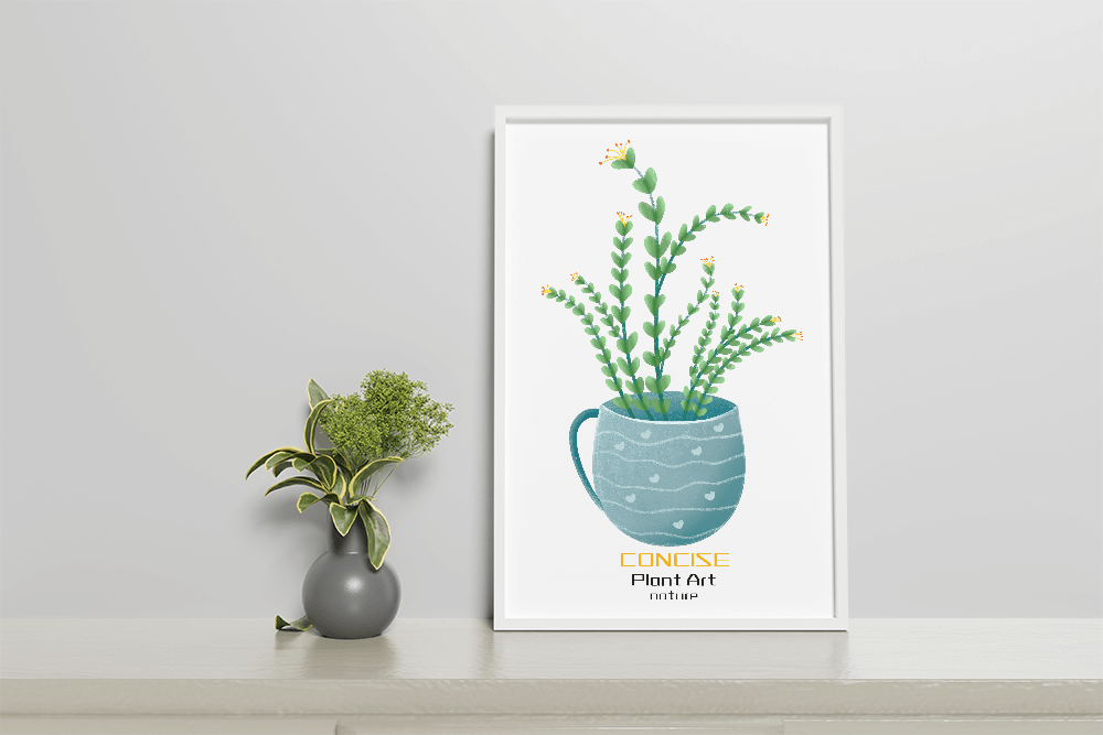 Ilustración de una planta verde en una taza decorativa azul