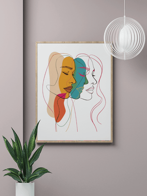 Abstract female faces wall art | Colorful minimalist line drawing | Modern poster or canvas - Mi tienda