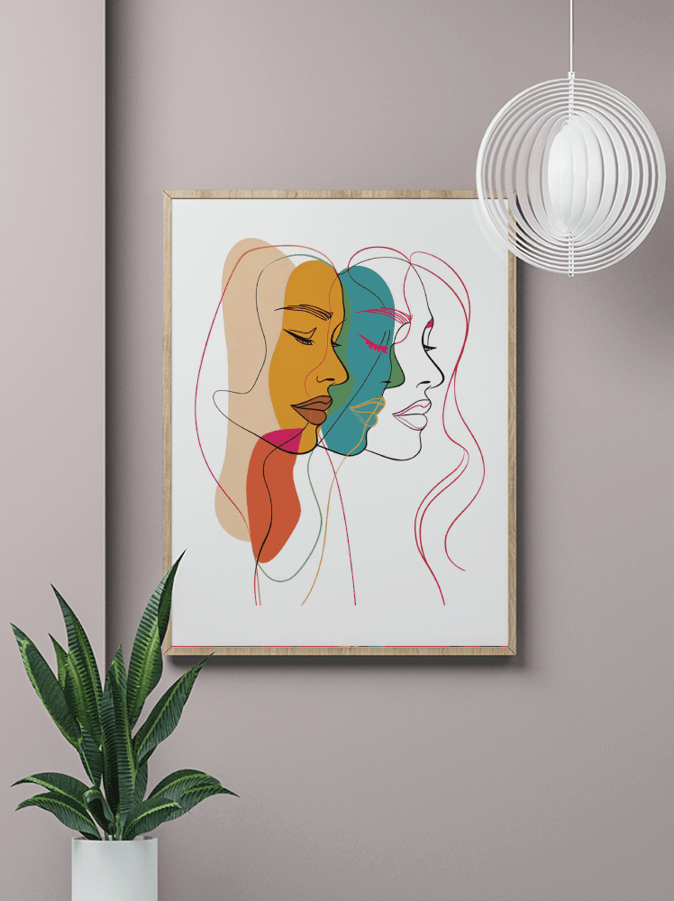 Abstract female faces wall art | Colorful minimalist line drawing | Modern poster or canvas - Mi tienda