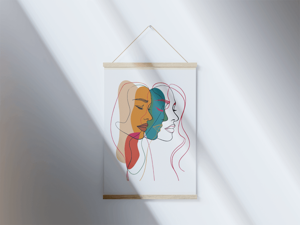 Abstract female faces wall art | Colorful minimalist line drawing | Modern poster or canvas - Mi tienda