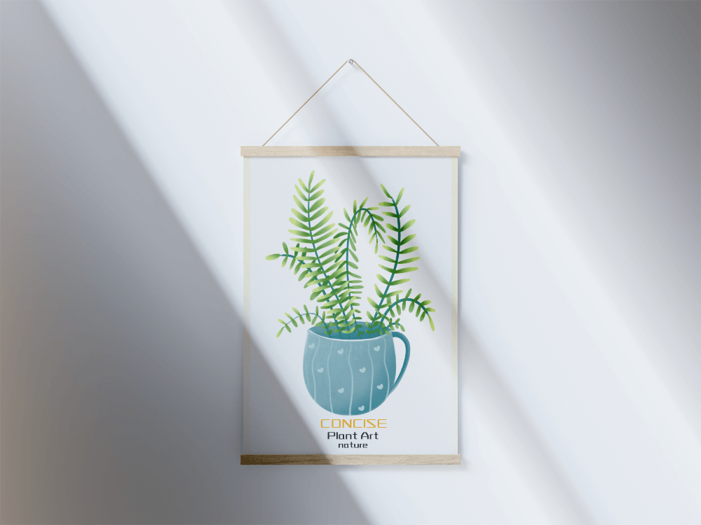 Illustration of a Plant in a Decorative Blue Pot with Green Leaves