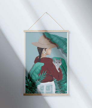 Modern botanical woman portrait – minimalistic female wall art with nature and cat - Mi tienda