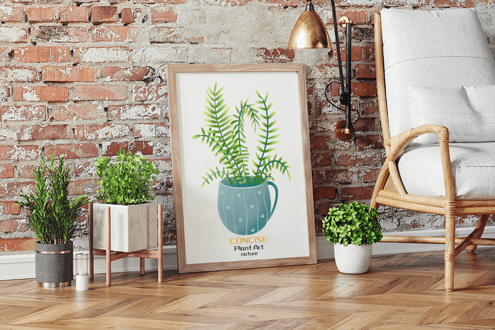 Illustration of a Plant in a Decorative Blue Pot with Green Leaves