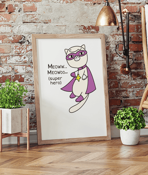 Superhero cat illustration with comic-style text - Mi tienda