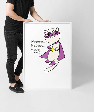 Superhero cat illustration with comic-style text - Mi tienda