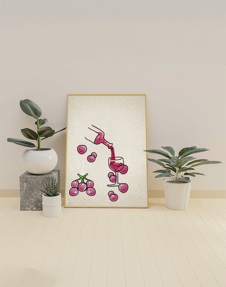 Artistic Illustration of Wine Pouring into a Glass with Grapes