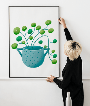 Ilustración minimalista de una planta pilea verde en una maceta de cerámica azul